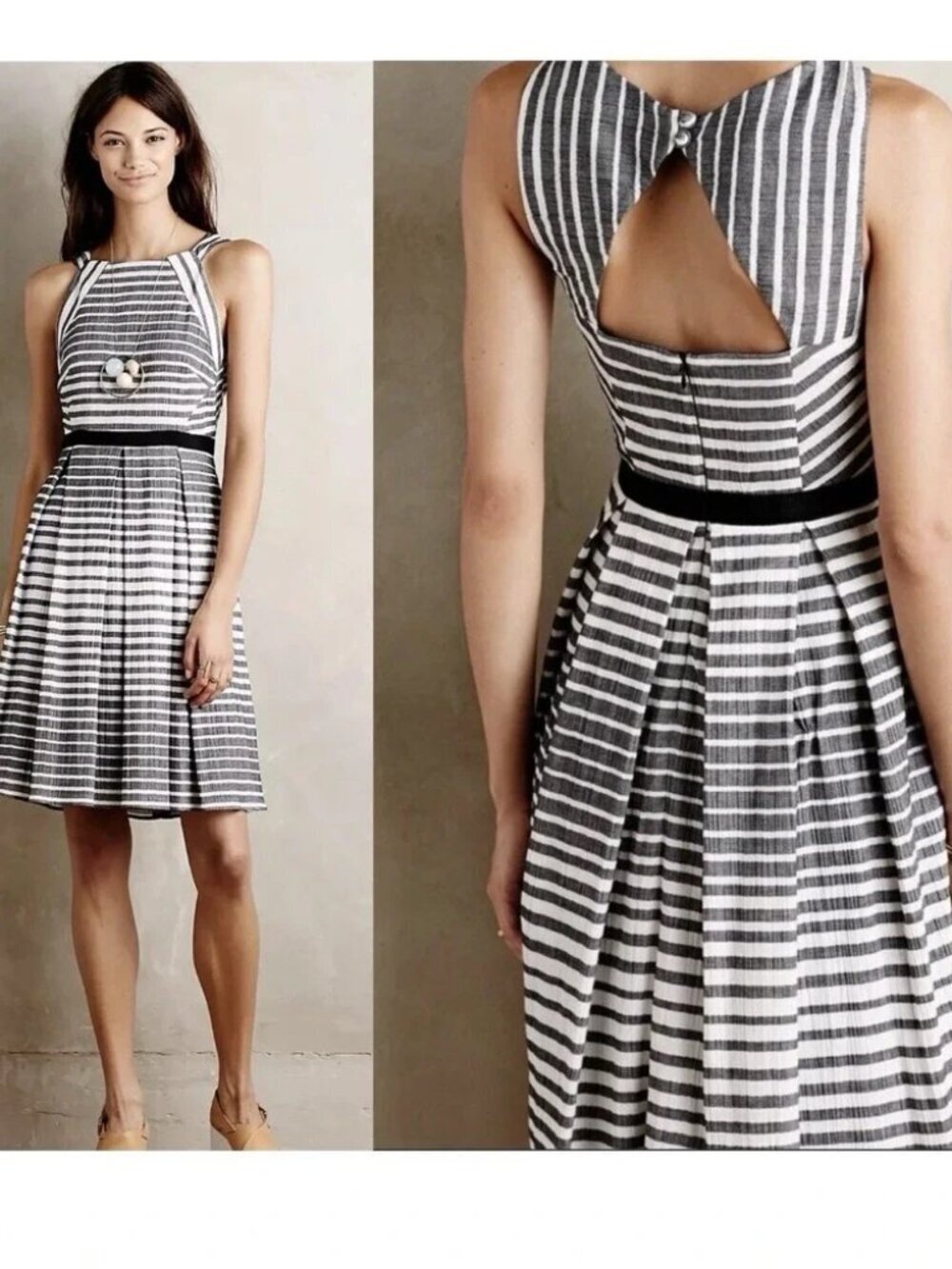 Eva Franco Dress Womens 10 Black White Striped Fit Flare Sleeveless Cotton USA